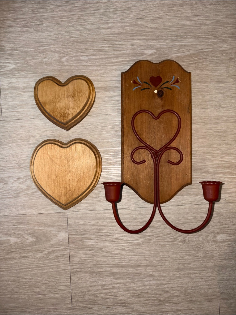 Rust Red Heart Wall Candle Sconce on Wood Backing & Two Wood Hearts!❤️🤎🩵